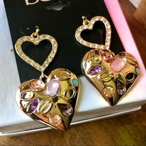 NWT bebe Gold Heart Gemstones Drop Earrings 90s